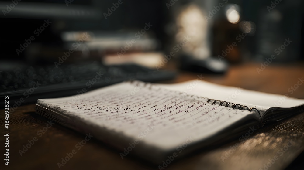Poster a handwritten notebook on a desk with sharp high lighting