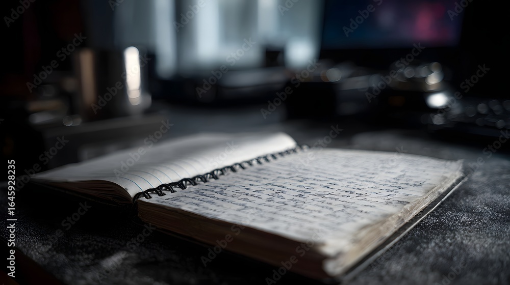 Poster handwritten notes in a notebook on a desk with lighting