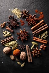 Aromatic Spices: Star Anise, Cinnamon, Cardamom, and Nutmeg on Dark Slate