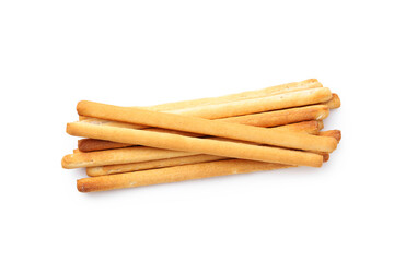 Delicious grissini sticks isolated on white, top view