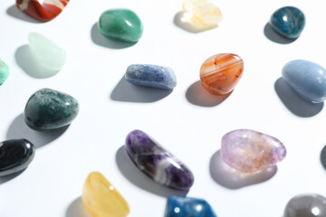 Aura. Different natural mineral stones on white background, closeup