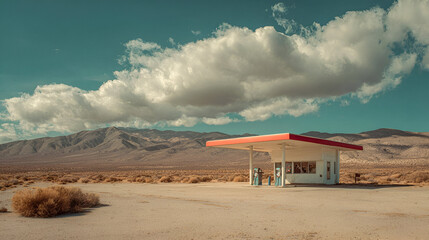 Red and White Gas Station in a Desert Landscape