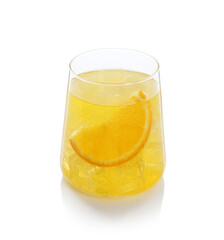 Refreshing soda water with orange slice in glass isolated on white