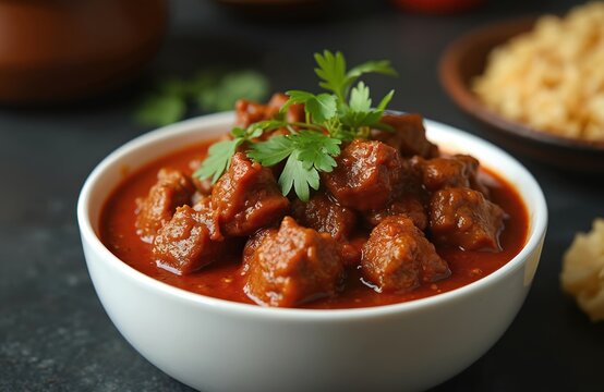 Spicy beef vindaloo curry, traditional Goan dish with tender beef chunks in rich red gravy. Garnished with fresh parsley, served in white bowl, offers authentic Indian flavors.