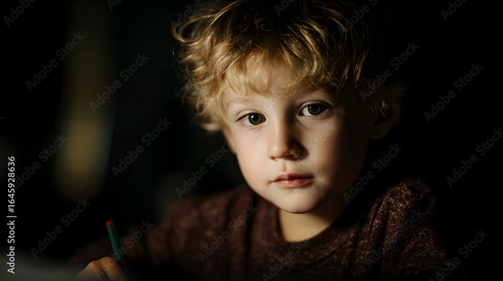 Poster young boy intently drawing while learning shapes with warm lighting and sharp focus