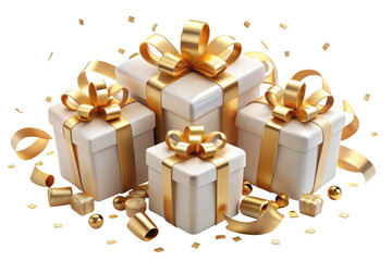 3d festive gift boxes with gold ribbons isolated on transparent background