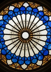 Intricate stained glass rosette design featuring radial symmetry and vivid color palette