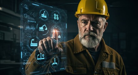 Caucasian senior man in hard hat interacting with futuristic industrial construction hologram for factory management data.