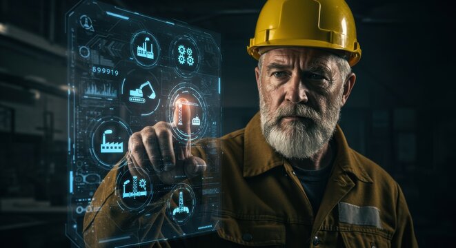 Caucasian senior man in hard hat interacting with futuristic industrial construction hologram for factory management data.