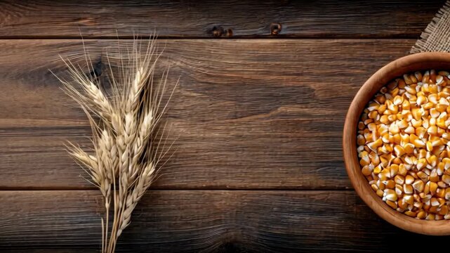 Corn kernels in a wooden bowl on a rustic table with wheat and corn cobs in an attractive kitchen setting