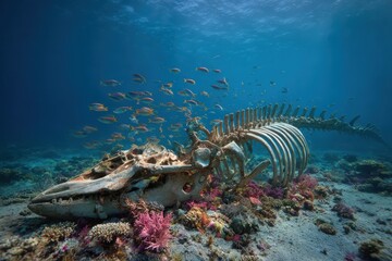 Whale Skeleton Underwater with School of Fish and Coral Reef