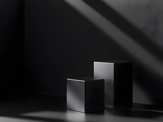 Fototapeta premium Minimalist black background for product display, with two square shapes in front and behind