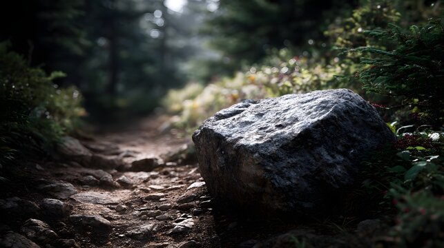 Large rock on a remote mountain trail with natural lighting