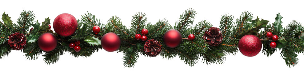 Christmas garland with red ornaments, berries, pinecones, and fir branches isolated on transparent background