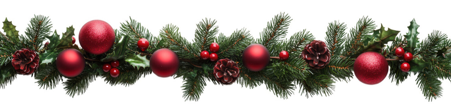 Christmas garland with red ornaments, berries, pinecones, and fir branches isolated on transparent background