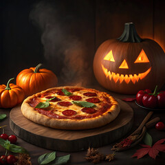 Delicious pepperoni pizza with spooky halloween jack o lanterns and autumn decor