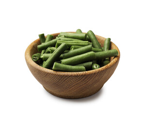 Pieces of fresh pea pods in bowl isolated on white