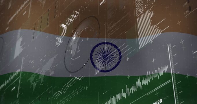 Indian flag fading, map outlines appearing, Chakra loop rotating, graph lines drifting, bars rising