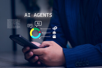 The AI agent presents data analysis through colorful charts and processing workflows with digital...