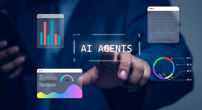 AI agents that process and analyze data, with icons such as workflows, charts, data analysis, and digital code linked to the brain, represent intelligent systems working to manage and solve problems.