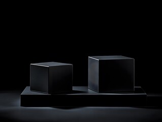 Minimalist black background for product display, with two square shapes in front and behind
