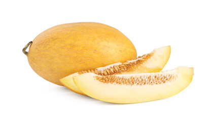 Whole and cut ripe melons isolated on white