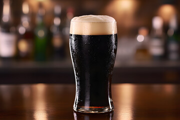 Pint of Dark Stout Beer on Bar Counter-Cold pint of dark stout beer with a creamy foam head, served on a polished bar counter with blurred bottles in the background.