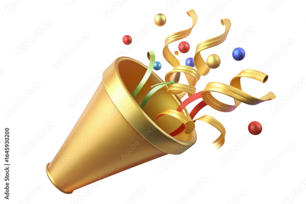 Aufkleber 3d golden party popper exploding with confetti isolated on transparent background