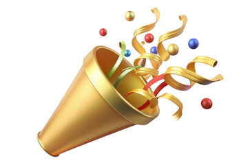 3d golden party popper exploding with confetti isolated on transparent background