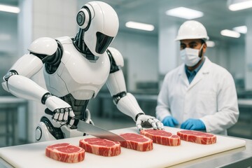 Futuristic robot slicing raw meat in a sterile industrial kitchen under human supervision, highlighting automation in food processing concept. Ai generative