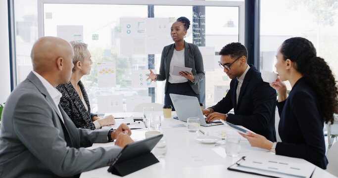 Presentation, planning and teamwork with business people in meeting for revenue, profit report and research. Budget proposal, investment portfolio and feedback with employees in office for project