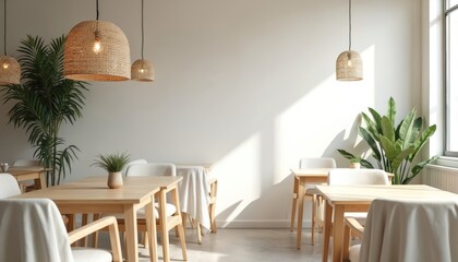 Fototapeta premium Minimalist coffee shop interior with light wood tables, white chairs. Natural light streams through windows, illuminating potted plants, polished concrete floor. Simple hanging pendant lights add