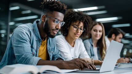 A captivating half-body shot of a young diverse group of students collaborating and working together on a laptop in a library. They look focused and friendly, with books and notes visible.