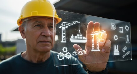 Senior man wearing a yellow hard hat interacting with a transparent screen displaying construction and industrial icons.