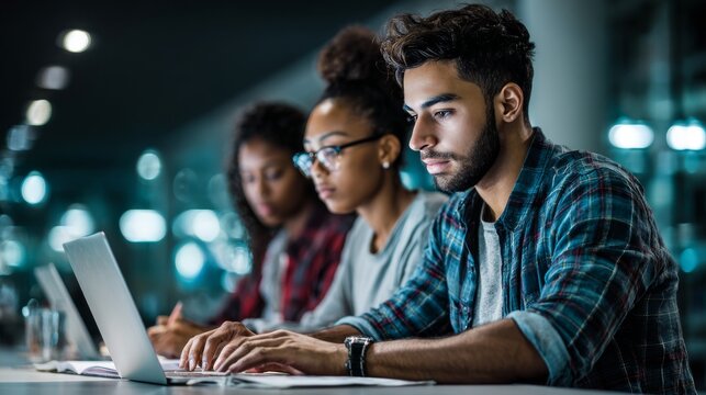 Diverse group of students concentrating on laptops in a modern library or study area, collaborating on projects or studying together in a focused environment.