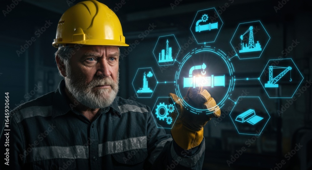 Aufkleber a man in a hard hat interacts with a digital industrial interface, exploring data analytics and smar