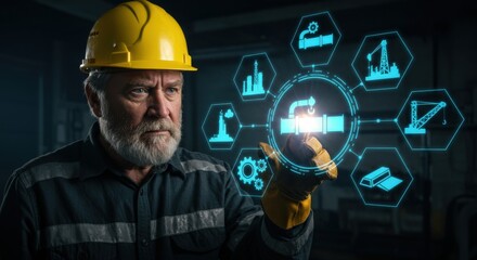 A man in a hard hat interacts with a digital industrial interface, exploring data analytics and smart construction technology.
