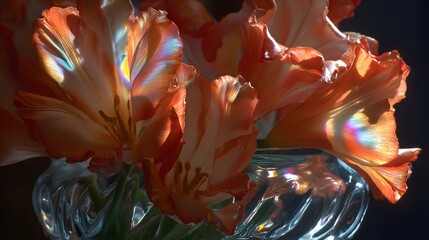 Orange tulips illuminated by light, showcasing iridescence.