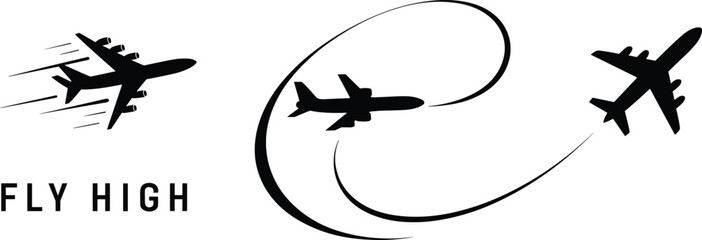 Three black silhouette airplanes flying with motion lines and swoosh trails on white background aircraft © MD. HASAN ALI