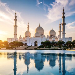 Majestic mosque at sunrise, reflected in water