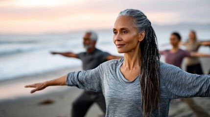 A serene moment of a mature woman with gray hair in dreadlocks practicing yoga, arms outstretched in a warrior pose, with a diverse group in the background.
