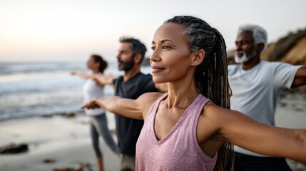 Peaceful African American woman with braids practicing yoga poses during outdoor fitness class on beach. Group exercise session with diverse participants at golden hour.