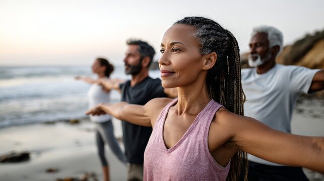 Peaceful African American woman with braids practicing yoga poses during outdoor fitness class on beach. Group exercise session with diverse participants at golden hour.