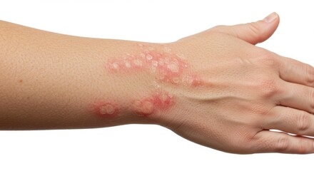 Close-up medical photo of human hand with eczema showing red patches and dry flaky skin on white background, dermatology clinical detail image