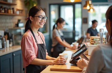 Young Asian woman cashier smiles in coffee shop, wearing eyeglasses, apron. Happily takes order for coffee, bakery items, using modern touch screen technology for efficient service. Another employee