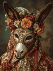 Ornate donkey mask decorated with gold patterns, vibrant roses, and fabric ribbons in a detailed and artistic portrait style.