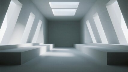 Obraz premium A minimalist white room features geometric benches, a central skylight, and abundant natural light creating a serene, modern space.