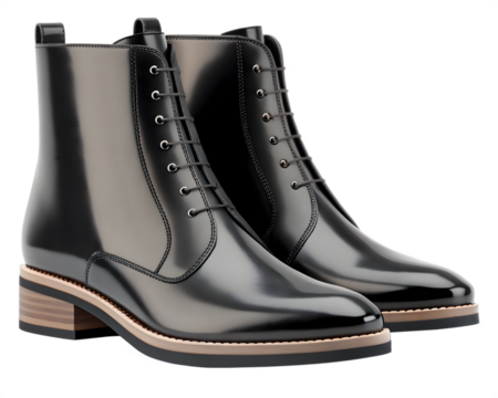 Pair of black leather boots isolated on transparent background