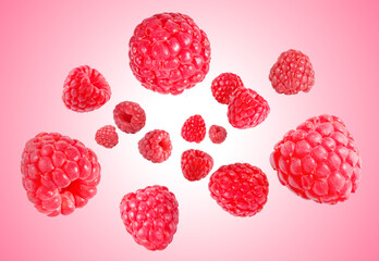 Fresh raspberries swirling in air against pink gradient background