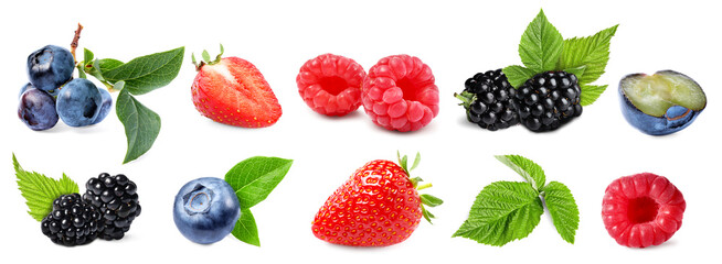 Various berries and green leaves isolated on white, set
